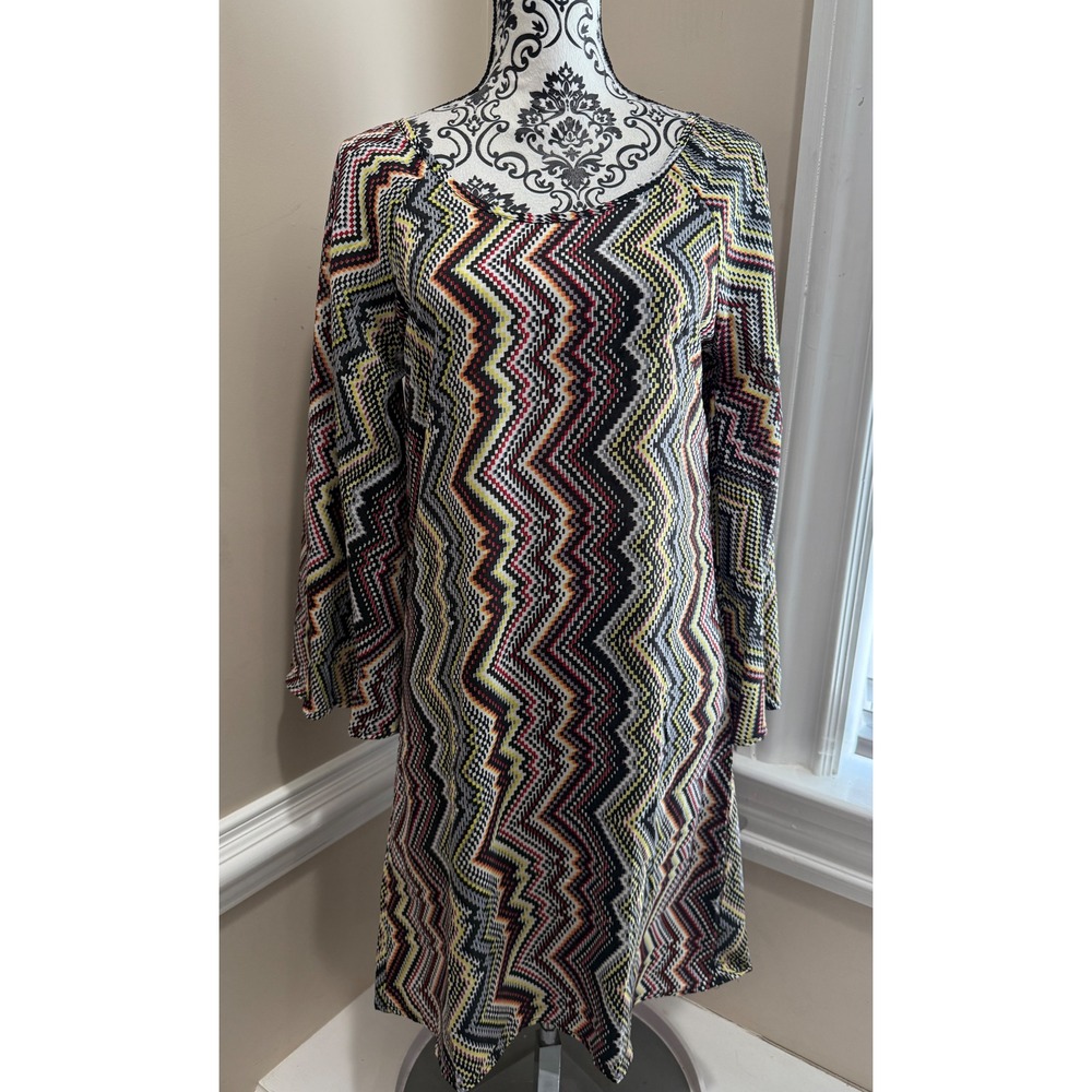 Urban Nomad Earthbound Zig Zag Chevron Bell Sleeve Shift Dress Womens SM